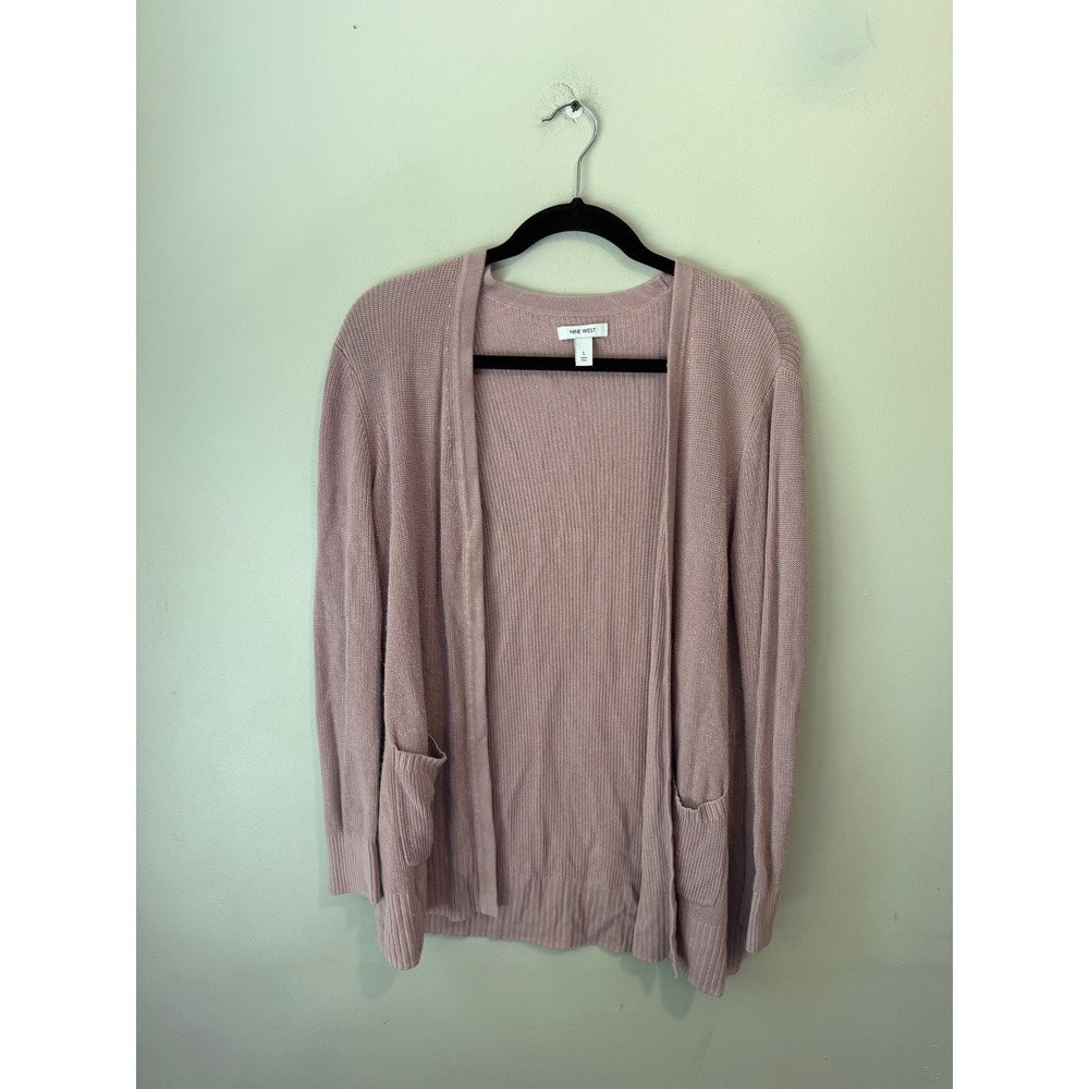 Nine West Womens Mauve Pink Open Front Cardigan Ribbed Knit Rayon Sweater L